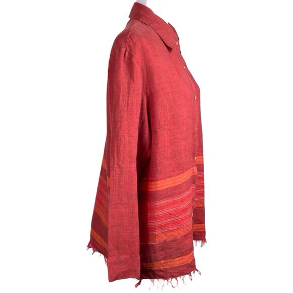 Garnet Hill Linen Blouse 14 Terracotta Red Orange Stripes Fringe Hem - Picture 9 of 16